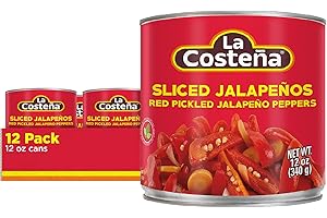 La Costeña Sliced Red Jalapeno Peppers for Mexican Food, Jalapeno Salsa, Enchiladas, Guacamole, Spicy Nacho & Taco Toppings - Pickled Vegetables - 12oz, 12 Pack Cans