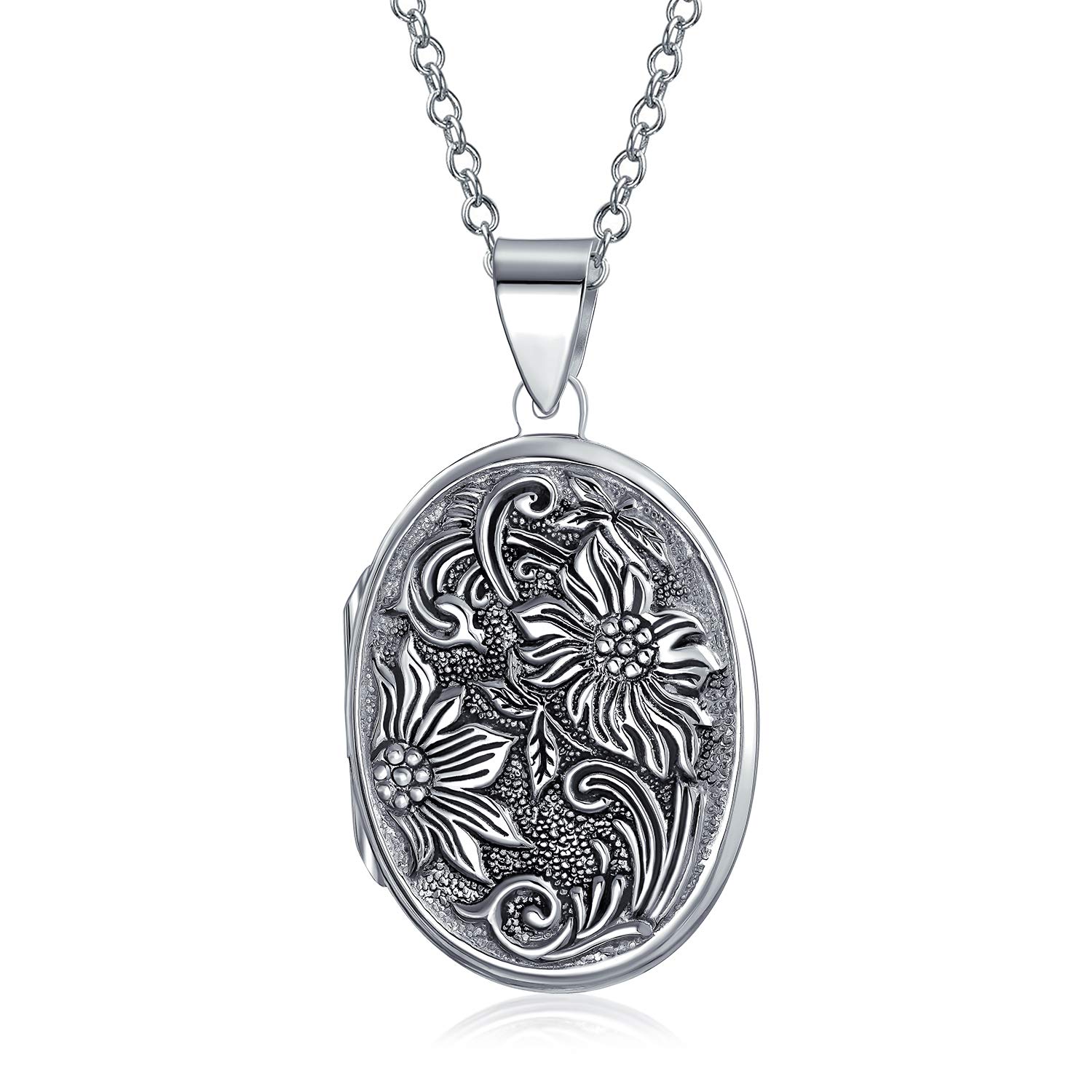 Bling Jewelry Vintage Style Embossed Scroll Floral Flower Sunflower Photo Oval Lockets Necklace Pendant For Women That Hold Pictures Oxidized .925 Sterling Silver Large