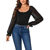 Rooscier Women's Mesh Long Sleeve Shirts Dressy Casual Swiss Dots Blouses Tops