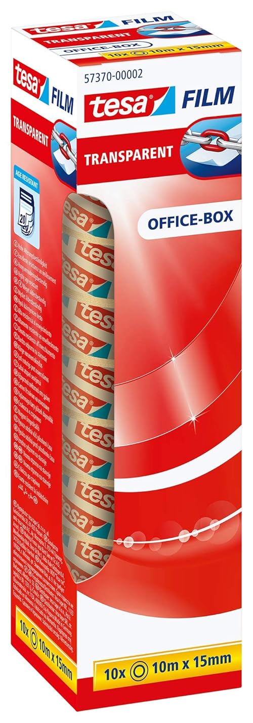 tesafilm transparent Self-Adhesive Tape - High Age and Tear-Resistance - Office Tape with Strong Adhesion, 10 m x 15 mm - Pack of 10