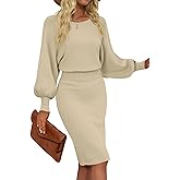 MIROL Women's Casual 2026 Long Puff Sleeve Solid Bodycon Midi Dress Ribbed Knit Oversized Pullover Sweater Dress