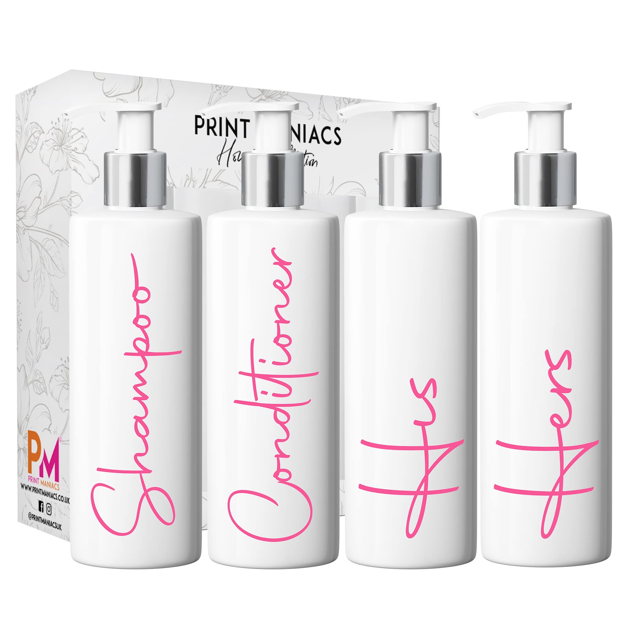 Print Maniacs White Mrs Hinch Inspired Personalised 500ml Pump Bottles Bathroom Lotion Kitchen Set Shampoo Conditioner (Set 4 His Her, F2 ) (Baby Pink)