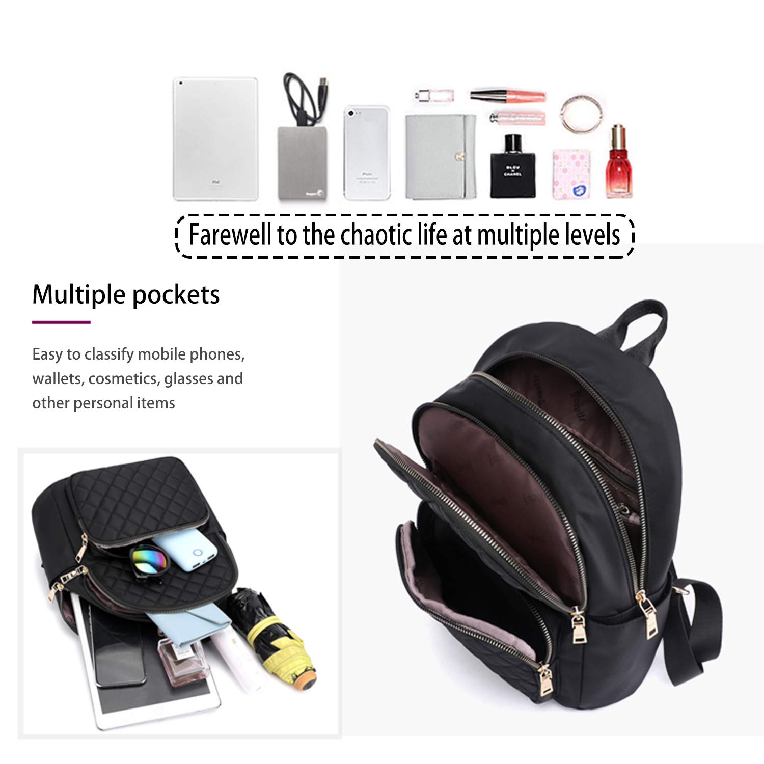 Backpack Ladies Daypack Nylon Waterproof Shoulder Bag Girl Anti-Theft Elegant Backpack (Black)