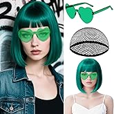 MEEZY Blue Green Short Bob Wigs Straight Hair with Flat Bangs Heart Sunglasses for Women, Colorful Funny Cosplay Party Neon Wig Synthetic Natural As Real Carnival Halloween Costume