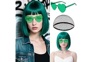 MEEZY Blue Green Short Bob Wigs Straight Hair with Flat Bangs Heart Sunglasses for Women, Colorful Funny Cosplay Party Neon Wig Synthetic Natural As Real Carnival Halloween Costume