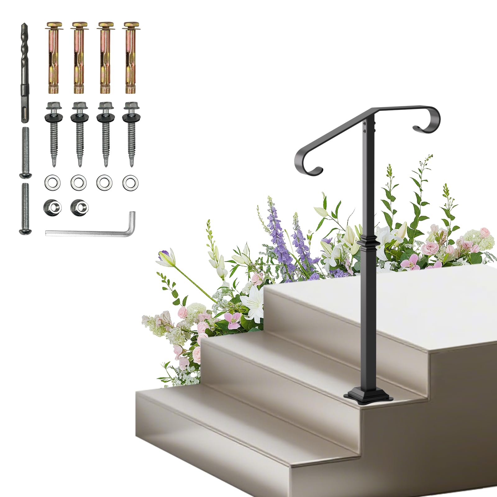 Photo 1 of Handrail for Outdoor Step-1-2 Step Stair Railing-Heavy-Duty Metal Railings for Seniors-Powder Coated Single Post Handrail-38 H Wrought Iron Railing for Concrete/Wood Porch/Deck/Indoor Outdoor Stair