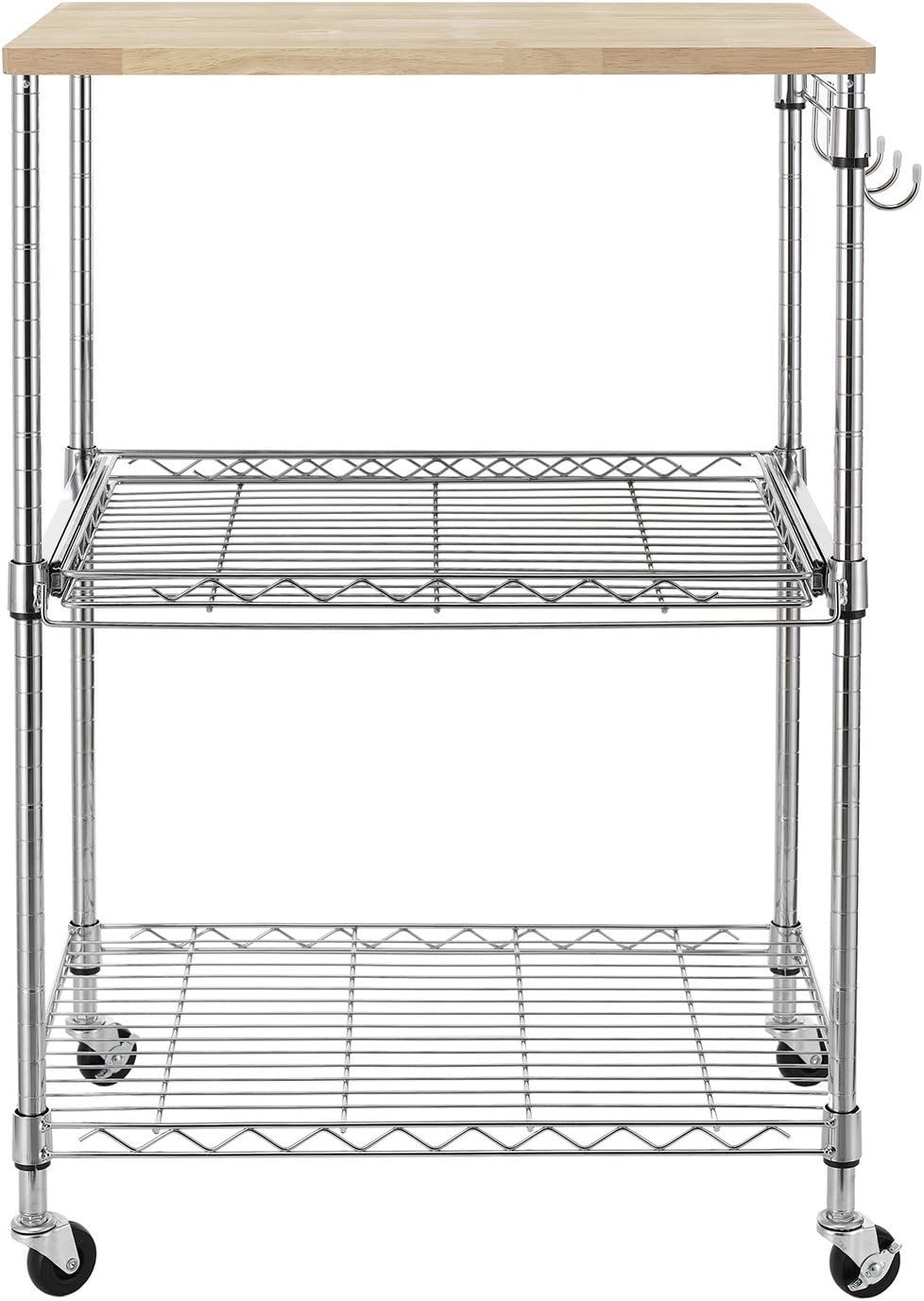 Finnhomy 3-Tier Wire Rolling Kitchen Cart, Food Service Cart, Microwave Stand, Oak Cutting Board and Chrome - Kitchen Islands & Carts