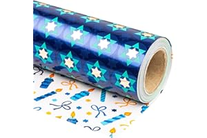 WRAPAHOLIC Reversible Hanukkah Wrapping Paper - Mini Roll - 17 Inch x 33 Feet - the Star of David and Candles Chanukah Wrapping Paper Perfect for Hanukkah, Chanukah, Holiday