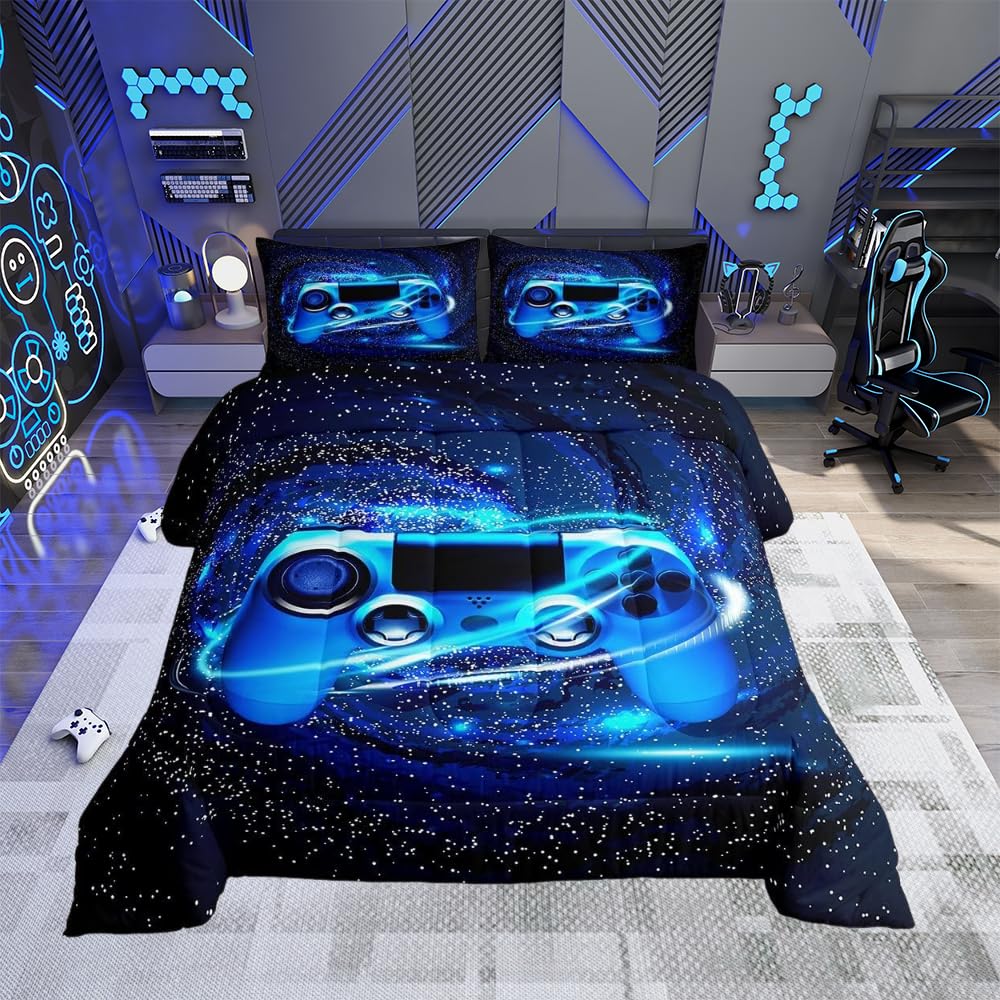 Loussiesd Games Comforter Video Gaming Duvet for Kids Boys Girls Gamer Blue Galaxy Swirl Duvet Insert Action Buttons Down Comforter with 1 Pillowcase 2Pcs Bedding Single
