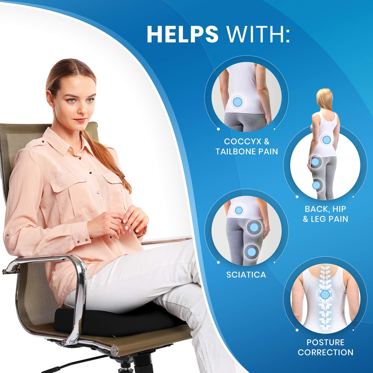Everlasting Comfort Gel Infused Memory Foam Seat Cushion - Ventilated Design for Hip and Tailbone Pain - Office Chair and Car Seat Cushion - Coccyx Cushion - Sciatica and Back Pain Relief : Office Products