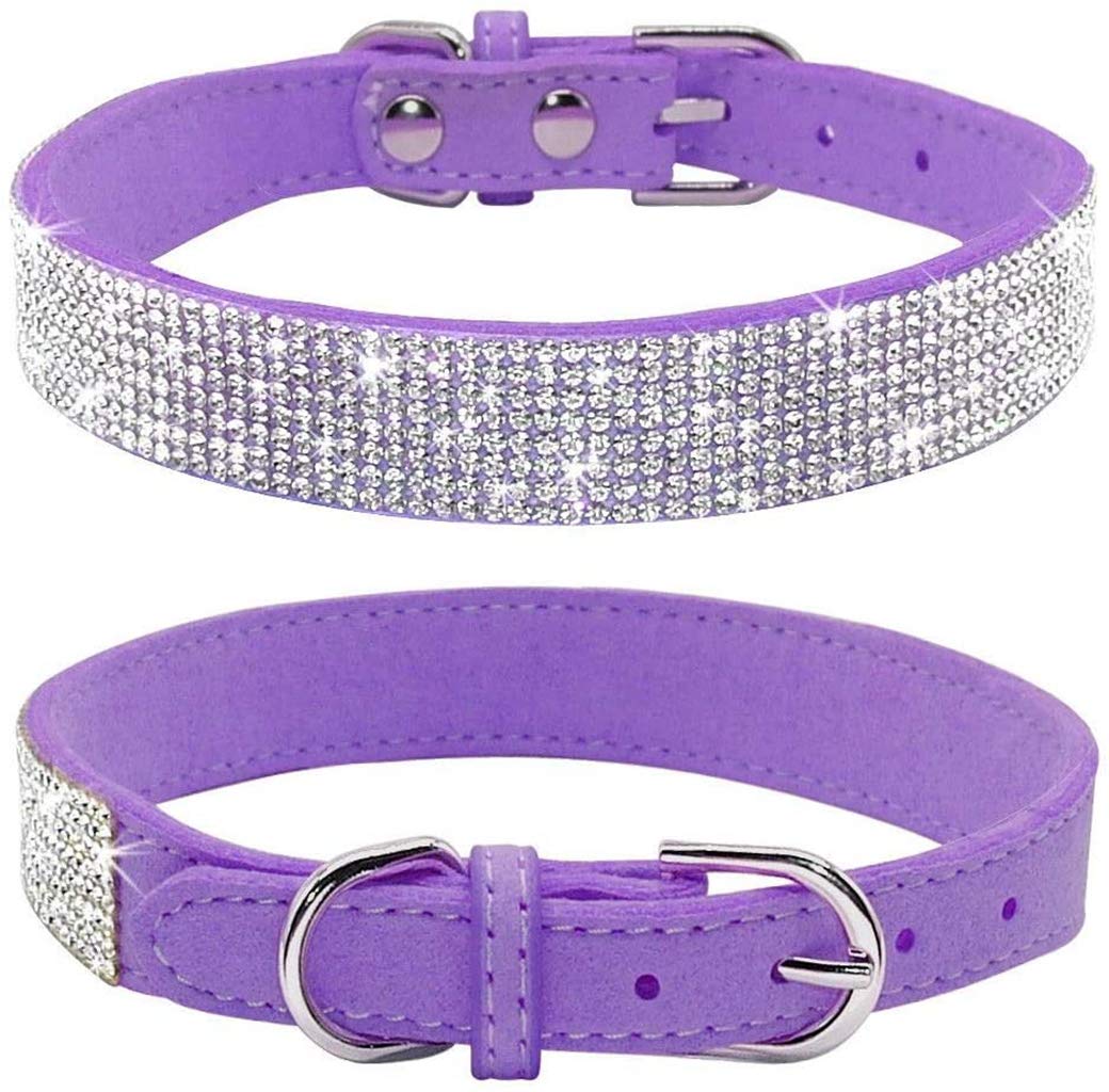 TELEYI Rhinestone Dog Collar, Cute Dazzling Sparkling Soft Suede Leather Dog Cat Rhinestone Collar Crystal Diamond Pet Dog Puppy Collar