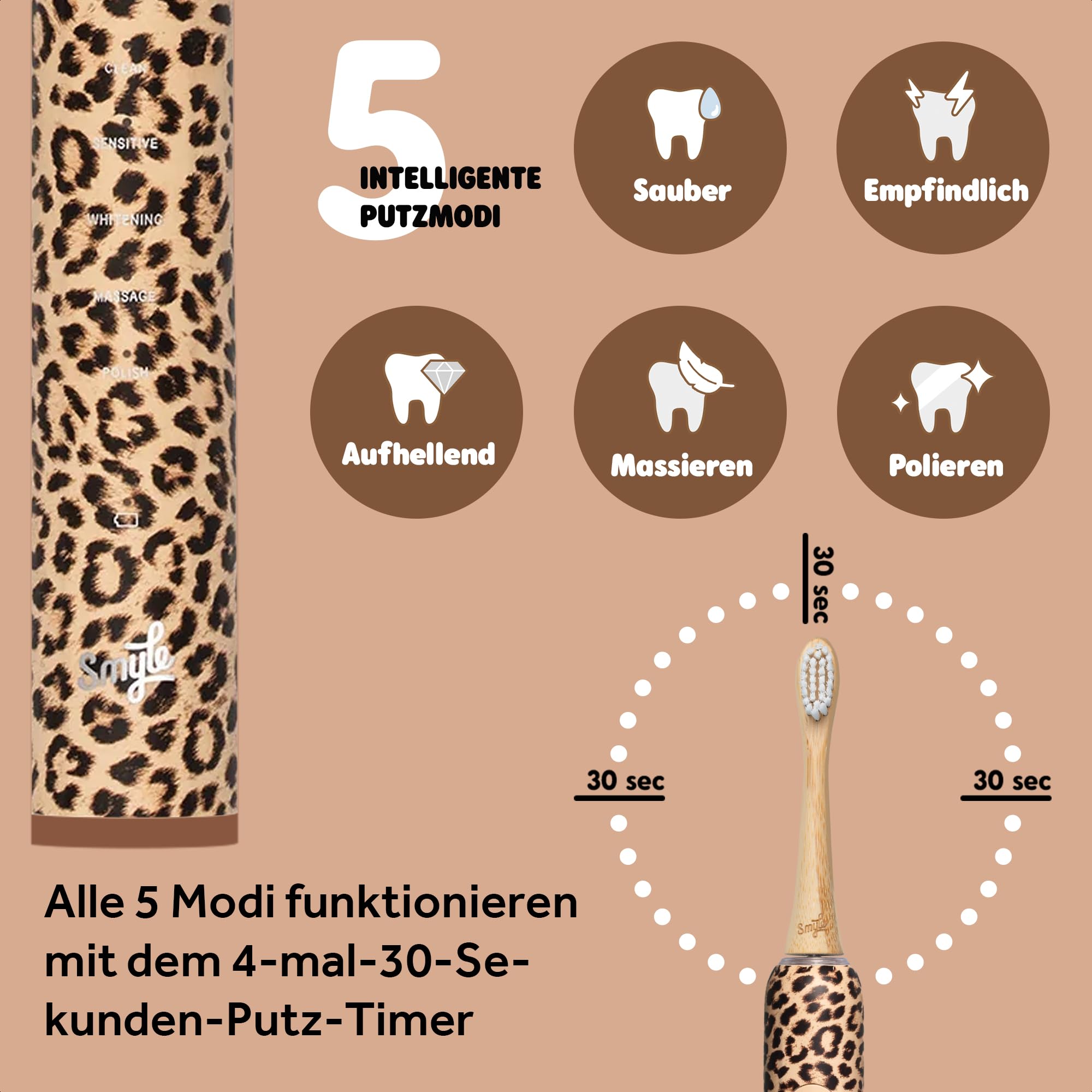 Smyle zahnbürste - Schallzahnbürste mit Drucksensor – Elektrische Zahnbürste mit 4 Monate Akku, 40.000 Vibrationen/min, 5 Modi, Timer, USB-C, 2 Bürstenköpfe, wasserdicht – Panter 6