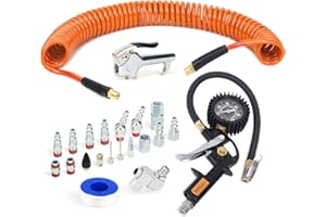 FYPower 22 Pieces Air Compressor Accessories kit, 1/4 inch x 25 ft Recoil Poly Air Compressor Hose Kit, 1/4" NPT Quick Connect Air Fittings, Tire Inflator Gauge, Blow Gun, Swivel Plugs, Orange PU Hose