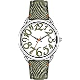 Bisley Women Watch Big Arabic Numbers Dial Easy to Read Denim Leather Strap Watch