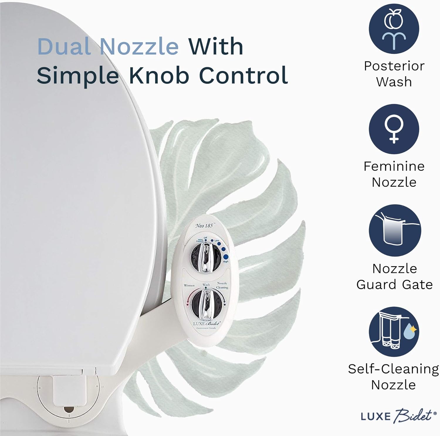 LUXE Bidet Neo 185 (Elite) Non-Electric Bidet Toilet Attachment w/ Self-cleaning Dual Nozzle and Easy Water Pressure Adjustment for Sanitary and Feminine Wash (White and White) - - 