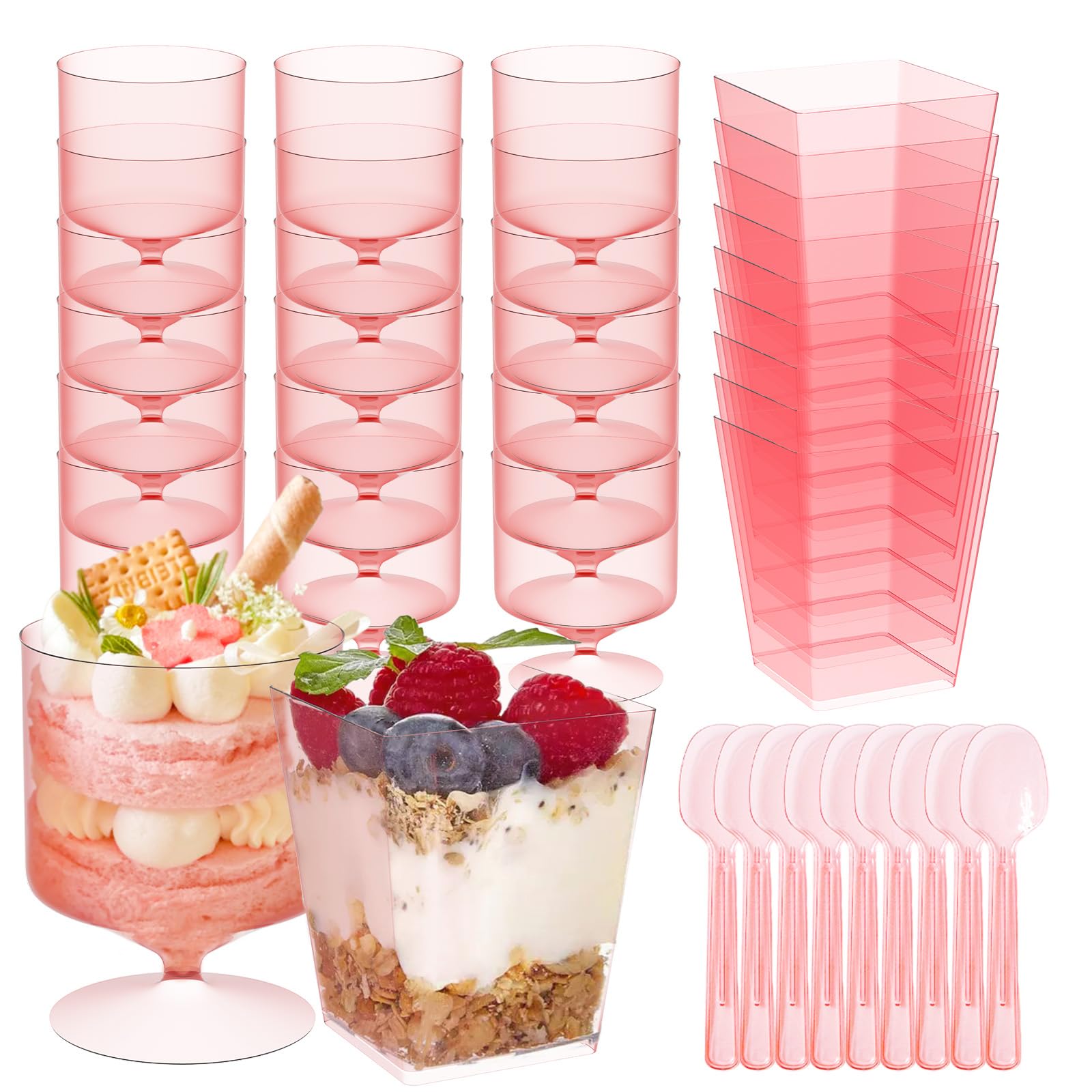 Photo 1 of 120 Packs Pink Dessert Cup with Spoons 5 Oz Mini Clear Parfait Cups, Square Dessert Shot Glasse, Round Yogurt Cups, Shooters Cups for Party, Reusable Fruit Ice Cream Cake Pudding Cups