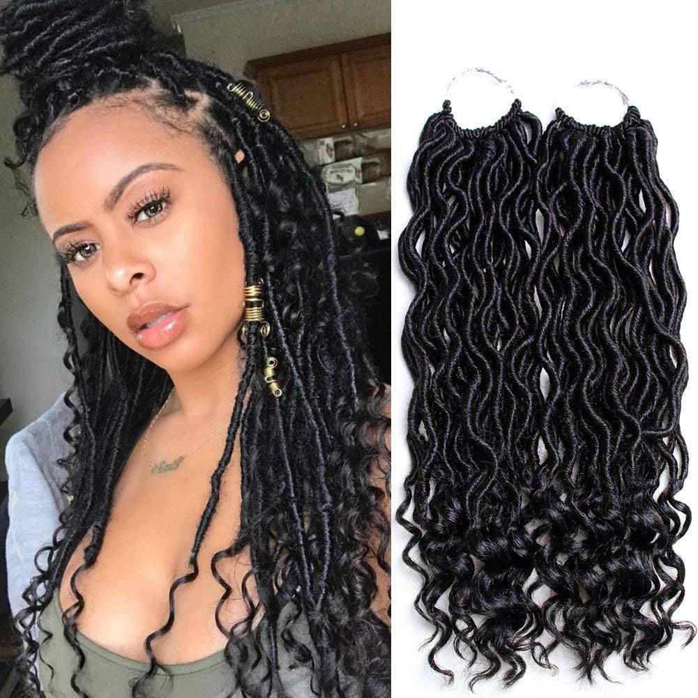 6 Packs Goddess Locs Crochet Hair Wavy Curly Faux Locs Crochet Braids Synthetic Hair Extensions Dreadlocks Crochet Locs Low Temperature Braiding Hair Curly Faux Locs Crochet Hair Deep Wave Braiding Hair With Curly Ends (14" (6 Packs), #1B) (14" (6 Packs), #1B)