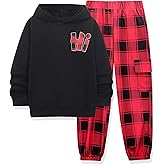 Tipao Boys Clothes Long Sleeve Hooded Sweatshirt Top Red Plaid Sweatpants Fall Winter Kid Outfits Set 11-12 Y(Black Red)