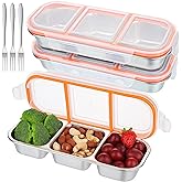 Agolctry 3 Pack Stainless Steel Snack Containers 3 Compartment Metal Lunch Box with Lids and 3 Forks Reusable Stainless Bento Snackle Box for Home Travel
