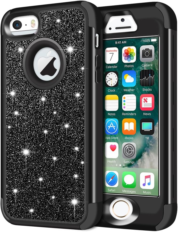 iPhone SE Case, iPhone 5S Case, iPhone 5 Case, Anuck 3 in 1 Hybrid Shockproof Protective Case for Girls Cute Bling Sparkly Glitter Heavy Duty Armor Defender Cover for Apple iPhone 5/5S/SE - Black