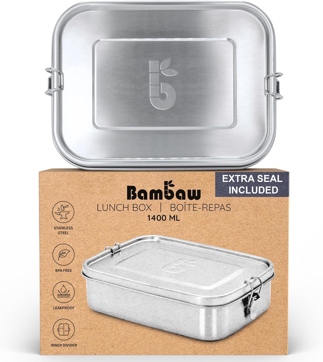Bambaw Stainless Steel Lunch Box 1400 ml, Adaptable Divider, Eco Friendly Lunch Boxes for Adults, Leakproof Sandwich Boxes for Adults