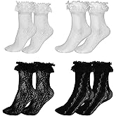 Bcautay 4 Pairs Womens Lace Ankle Socks Sexy Mesh Lace Trim Lolita Sock Women Frilly Lace Ankle Ruffle Socks for All Kinds of Parties Tea Parties Match With All Kinds of Shoes
