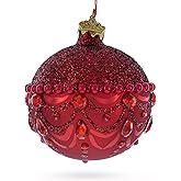 Bejeweled Chandelier Design on Red Glass Ball Christmas Ornament 3.25 Inches