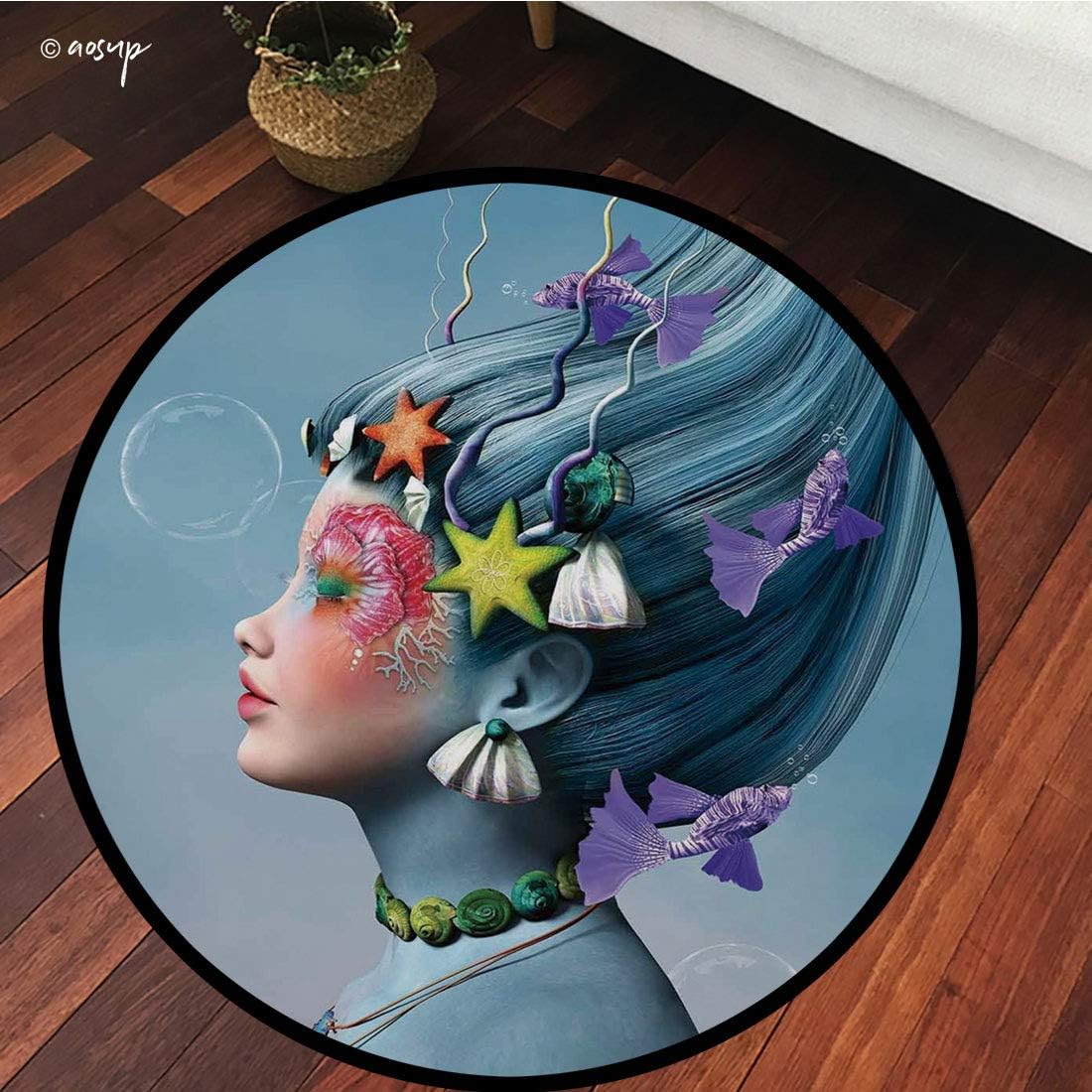 №12974 Round Area Rug Floor Kitchen Carpet, Mermaid,Woman with Underwater Themed Make Up Hairstyle Starfishes Seashells Fishes Bubbles,Multicolor, for Home Decor
