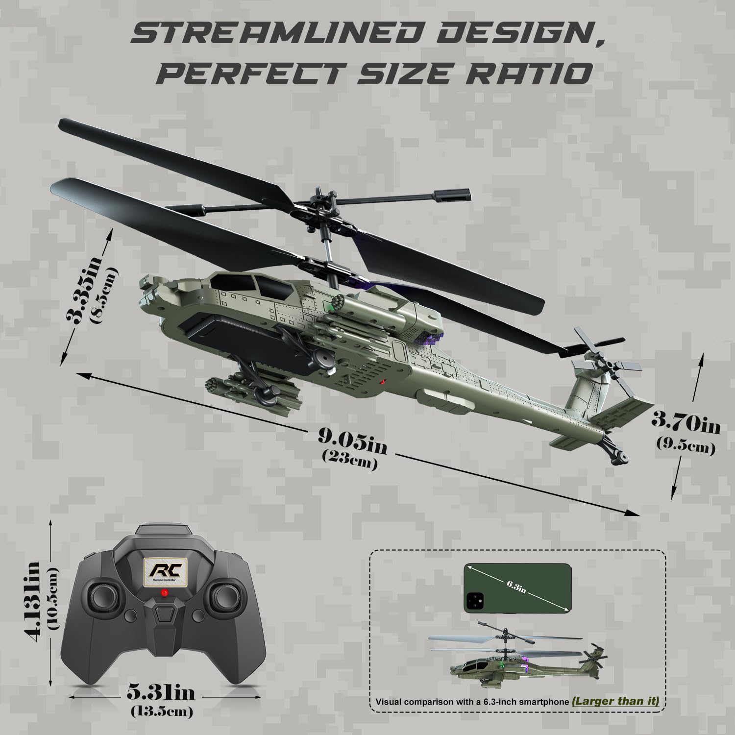 VATOS Ferngesteuerte Helikopter für Kinder, 2.4GHz Hubschrauber Ferngesteuert mit 2 Akkus & EIN-Knopf-Start, Military RC Helikopter Spielzeug Geschenke für Jungs oder Anfänger ab 8 Jahre 7