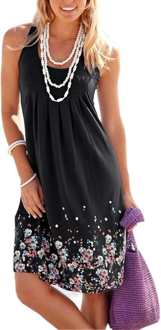 Women' s Summer Casual Sleeveless Scoop Neck Floral Print Pleated