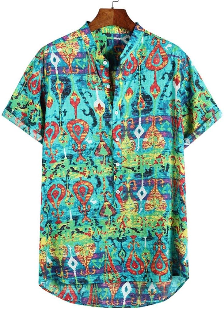 MOTOCO Men's Henryshirt Top Plus Size Cotton Short Sleeve Shirt Casual Vintage Print Button Beach Blouse