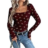 RoseSeek Women's Floral Tops Slim Fit Square Neck Long Sleeve T Shirts Elegant Fall Tops