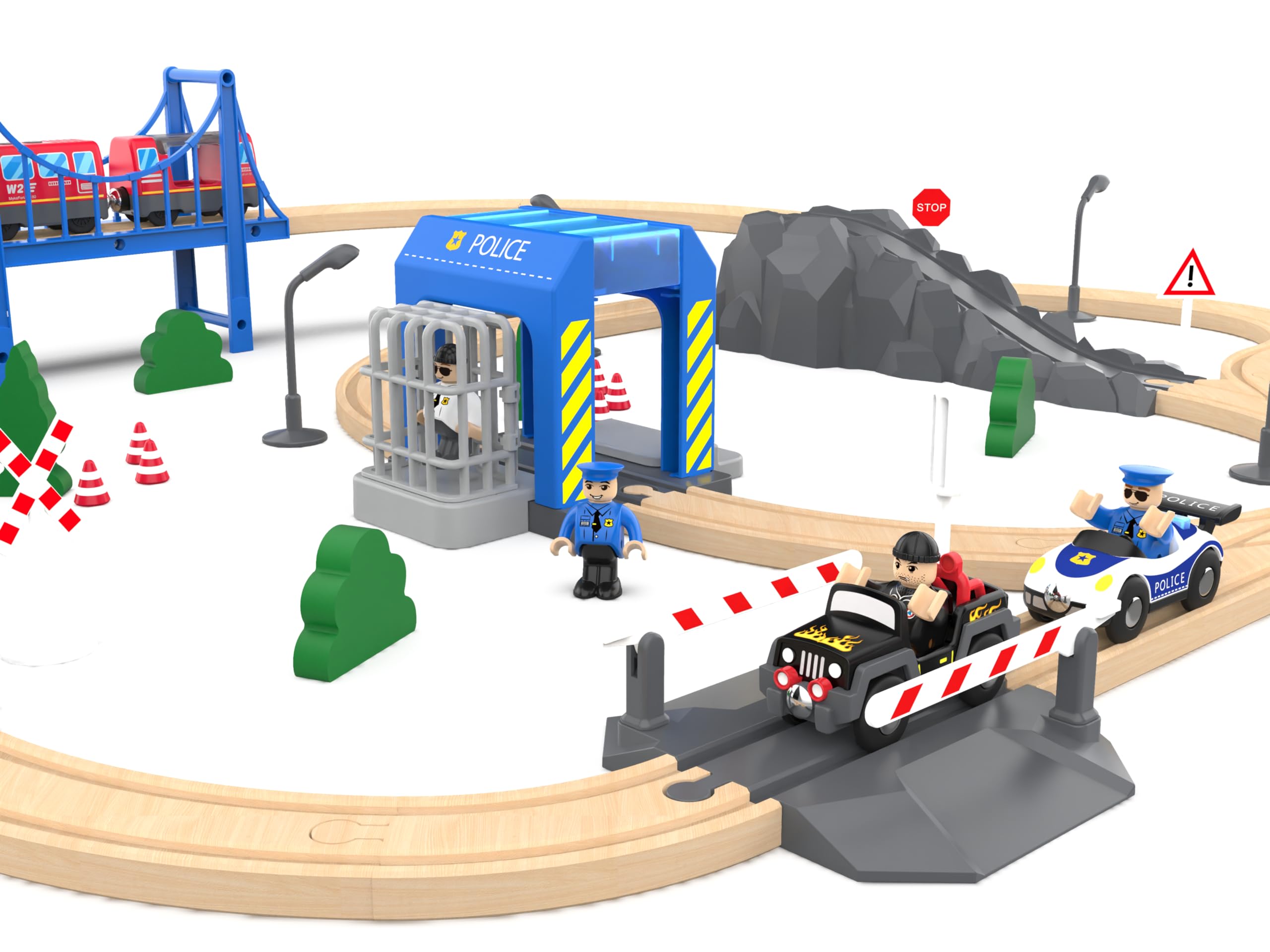Wooden Train Tracks Accessories, Train Set Piece of Police Station Compatible with All Railroad Track Collection, Train Toys Expansion Pack for Kids Ages 3 and Up.