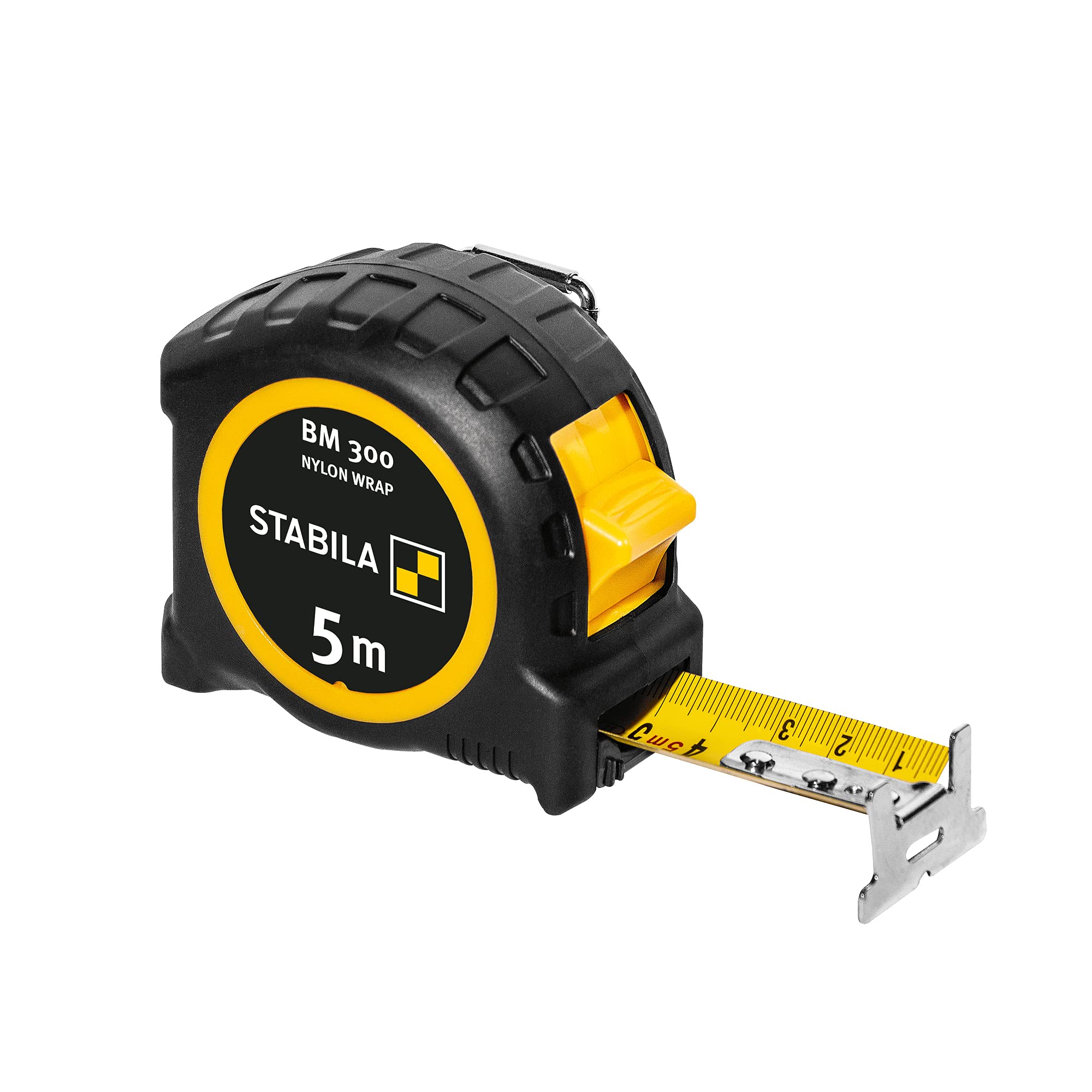 STABILA BM 300 Pocket Tape Measure 5M with Double Sided Metric Scale Shatterproof PC/ABS Housing SPIKES Hook Belt Clip MID Accuracy
