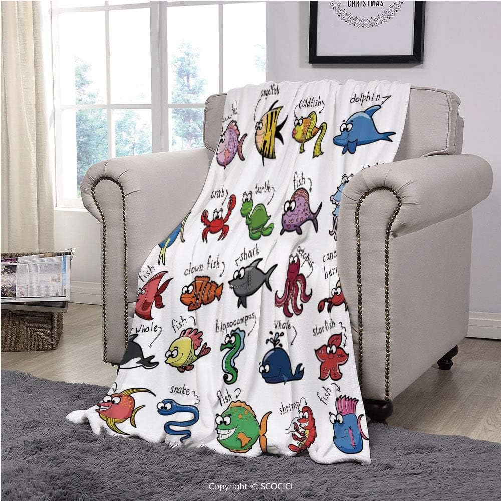 №28306 Velvet Plush Throw Blanket Super Soft and Cozy Fleece Blanket, Nautical Decor for Kids,Aquarium Cartoon Octopus Dolphin Shark Whale Clown Fish Jellyfish Crab Marine, Perfect for Couch Sofa Or