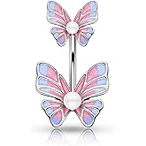 Jewseen Belly Button Ring 316l Stainless Steel Pearl Pink Blue Butterfly Navel Ring Curved Barbell Piercing Jewelry