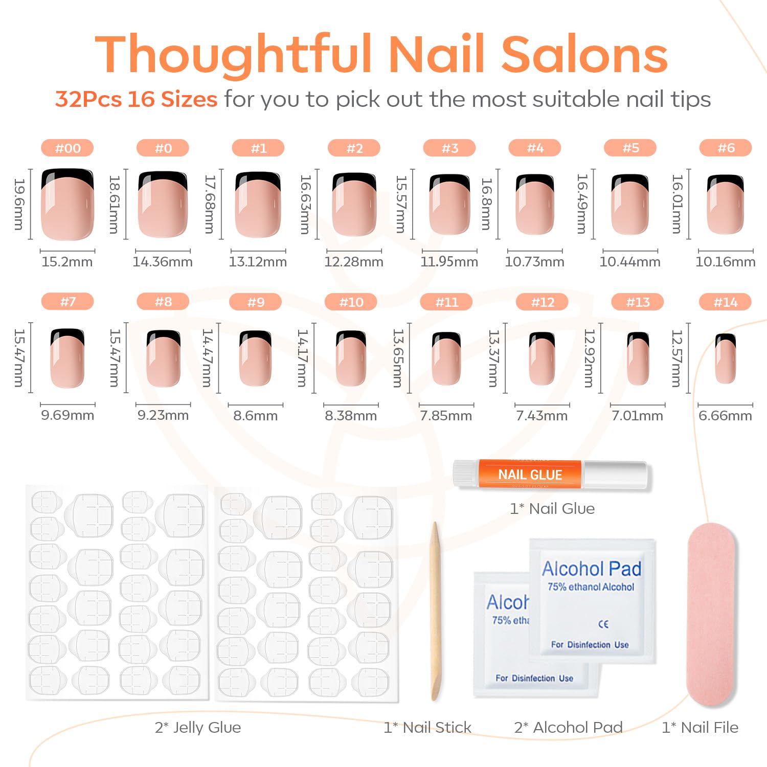 Modelones Black French Tip Press On Nails, Short Square Fake Nails, Reusable Nail Kit with Nail Glue Adhesive Tabs Mini Nail File, Nails Press Ons 32Pcs 16 Sizes - Image 3