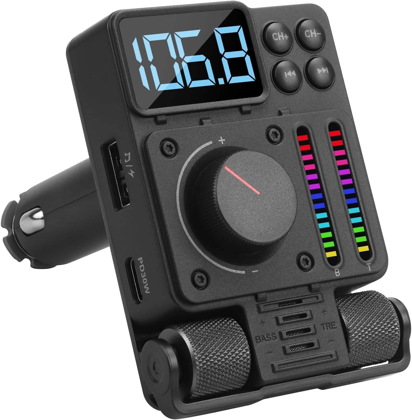 August CR235 FM Bluetooth 5.3 Transmitter Car Radio Adapter, Hands Free Calling with Siri/Google Assistant, Bass and Treble Tactile Adjust- 30W PD Fast Charging USB MP3 Player FM Tuned - Black