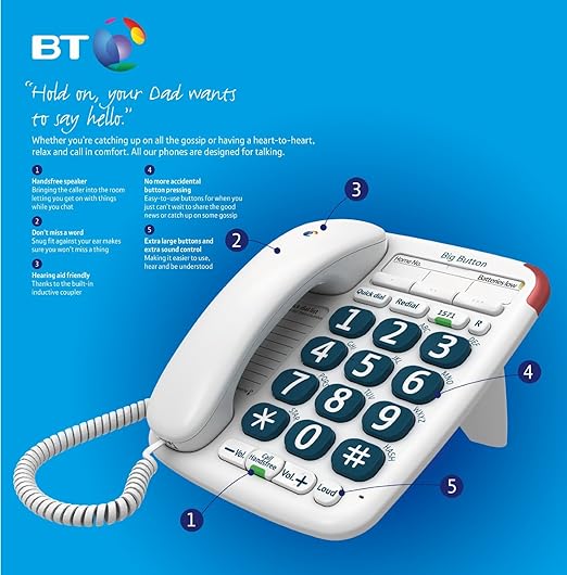 BT Corded Analogue Telephone BT Big Button 200 (Mk II) Telephone