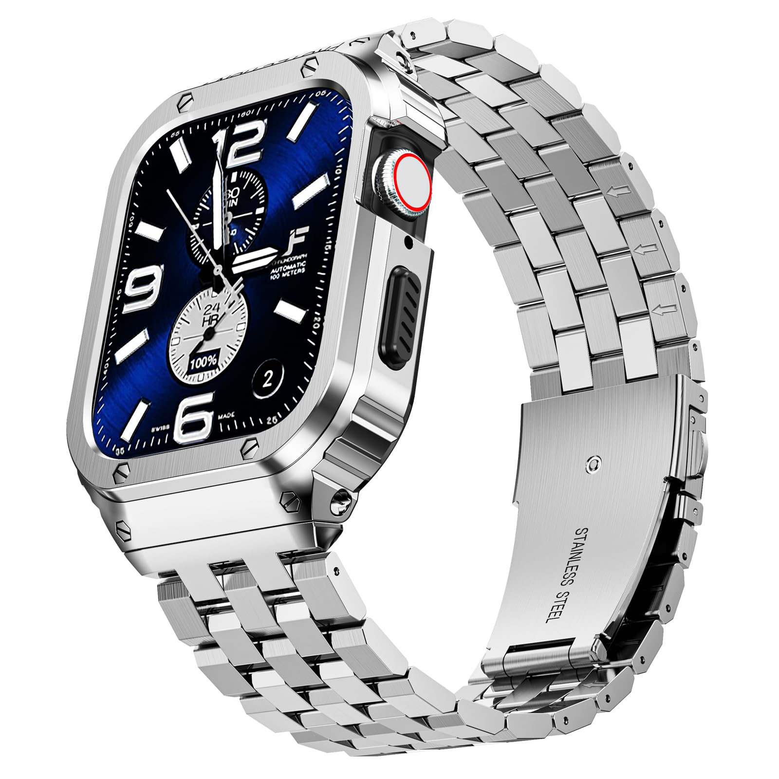 SUPLINK Stainless Steel Case with Band Compatible with Apple Watch Strap Series 9 8 7 45mm Metal Rugged Protector Cover for iWatch Men (Silver)
