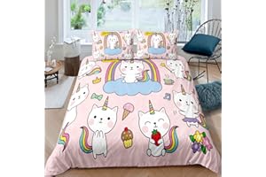 Feelyou Kids Unicorn Cat Bedding Set Queen, Cute Unicorn Comforter Cover for Girls Teens, Cartoon Magical Animal Decor Duvet Cover, Gift for Nursery Sweet Icecream Rainbow Print Bedspread Colorful