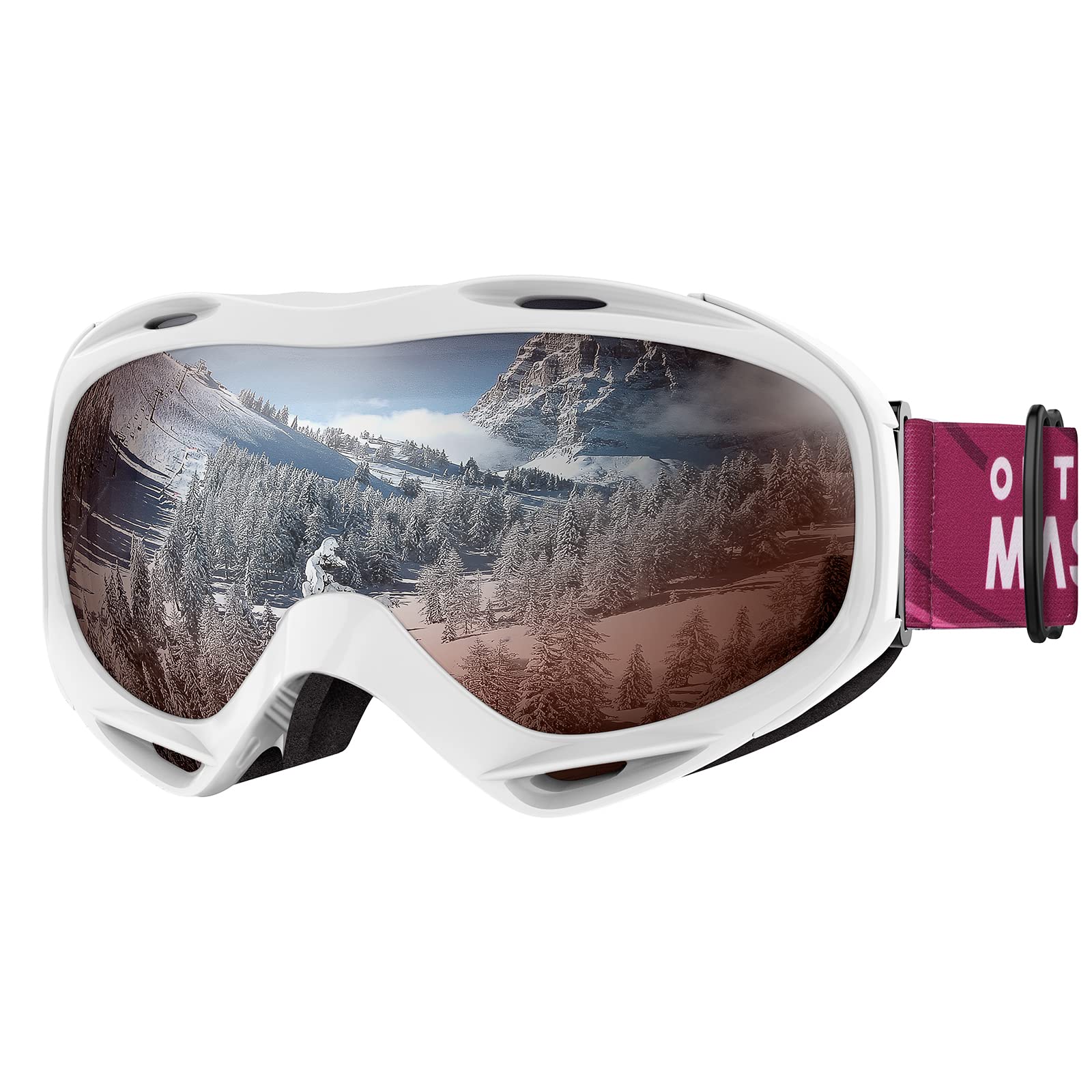 OutdoorMaster OTG Ski Goggles - Over Glasses Ski/Snowboard Goggles for Men, Women & Youth - 100% UV Protection (Rose Red Silver VLT28%)