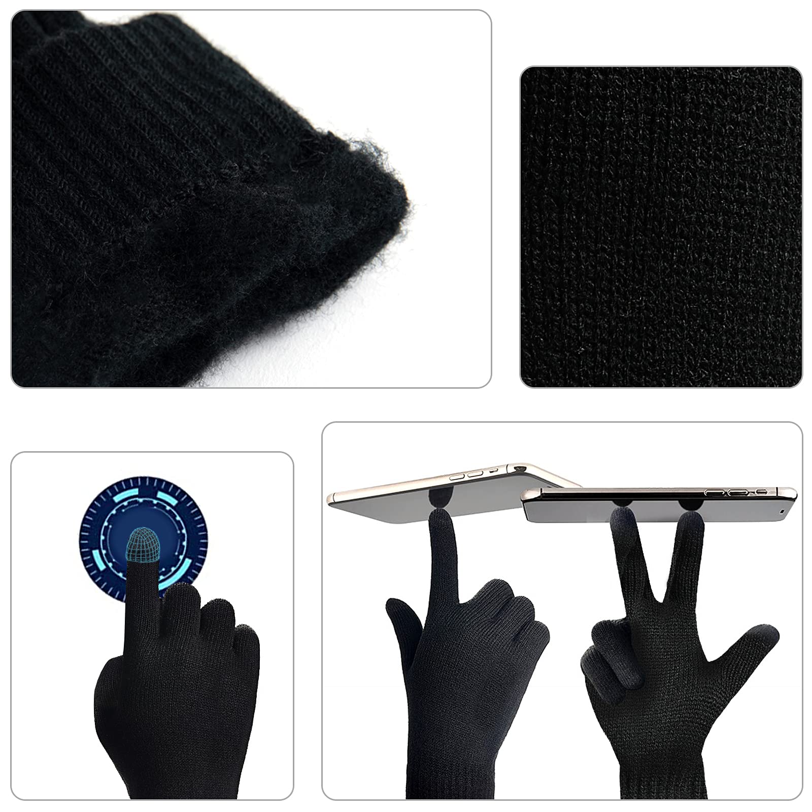 Winter Beanie Hats for Men Long Neck Scarf and Touchscreen Gloves Set with Fleece Lined Skull Caps Gifts for Men