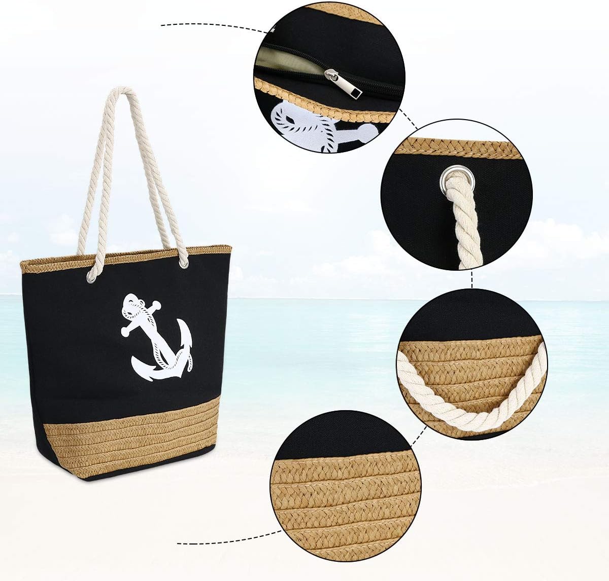 flintronic Women Beach Bag, #3 Black Anchor, 45cm x 32cm 14cm - Image 5