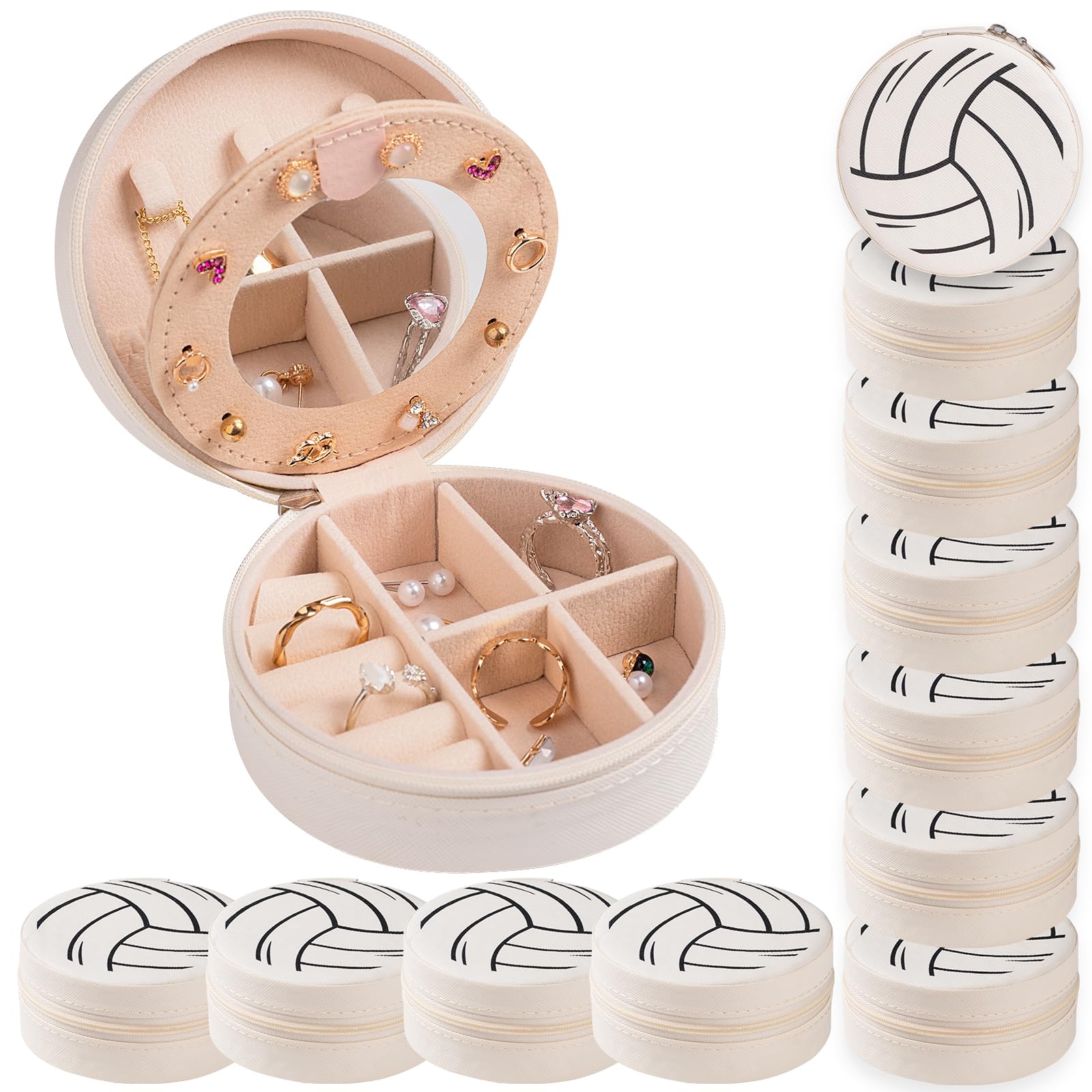 Photo 1 of 12-Pack Volleyball Mini Travel Jewelry Case With Mirror Round Volleyball Stuff Portable Jewelry Organizer Storage Case for Christmas Sports Team Club Lovers Birthday Goodie Favors Gifts (Mirror)