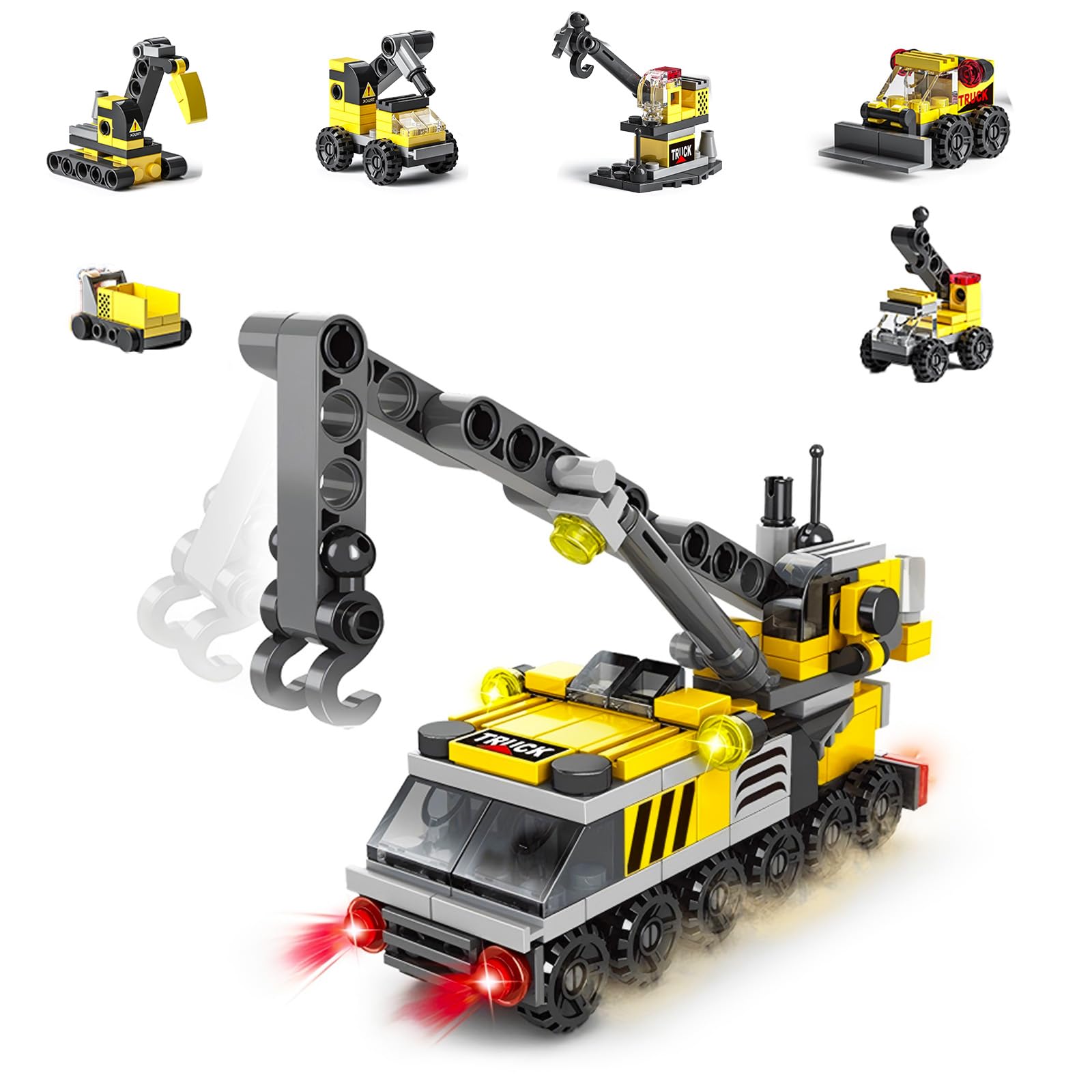 Rescue Construction Truck Building Blocks Set - 7 in 1 Engineering Vehicle Toy with Rotating Crane Arm, Rolling Wheels | STEM Educational Gift for Kids Ages 6-12 | Fire Truck & Emergency Playset