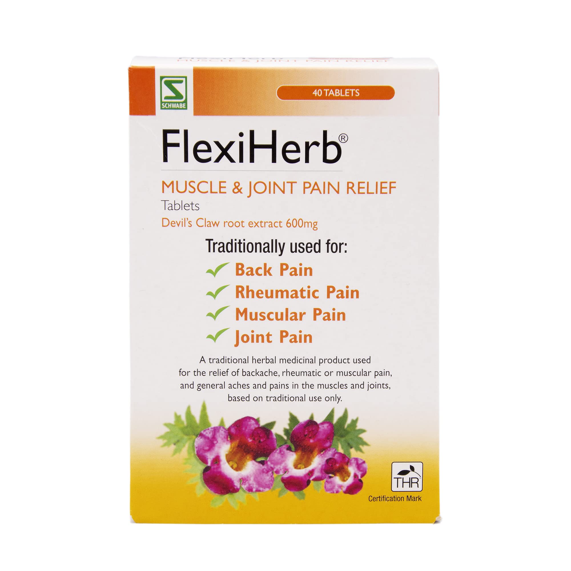 Schwabe Pharma - FlexiHerb Muscle and Joint Pain Relief - Devils Claw Root Extract 600mg - Traditionally Used for Backache, Rheumatic Pain, Muscular Pain, Joint Pain - 40 Tablets