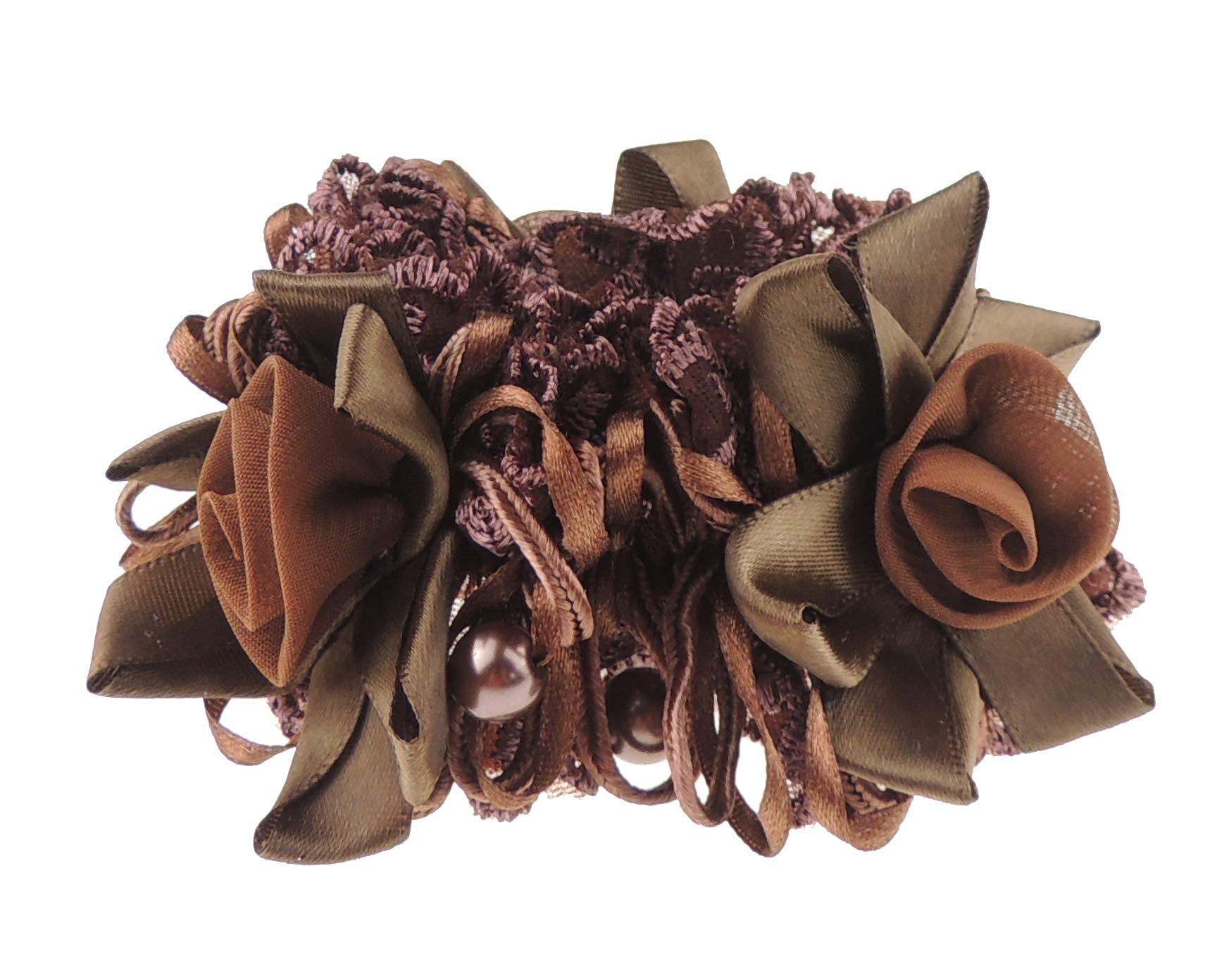 Ladies Girls Chunky Lace & Satin Rosette Hair Tie (Chocolate No Crystal)