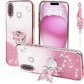 RTYQXK for Huawei P30 Lite (6.15 inch) Phone Case,for Mobile Phone Case for Nova 4e Women and Girl, Glitter Butterfly Floral TPU Protective Cover with Kickstand+Strap for P30 Lite (Pink)