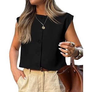 Tankaneo Womens Cropped Cap Sleeve Vest Tops Summer Casual Waistcoats | Work, Office, Crew Neck, Button Down Suit Vest, Trend